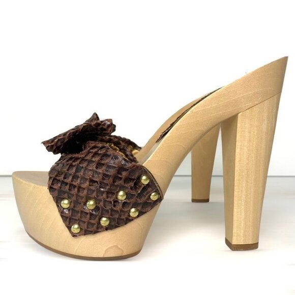 SPAZIOMODA wood leather snakeskin touch sandals  women size 37 - Picture 1 of 17